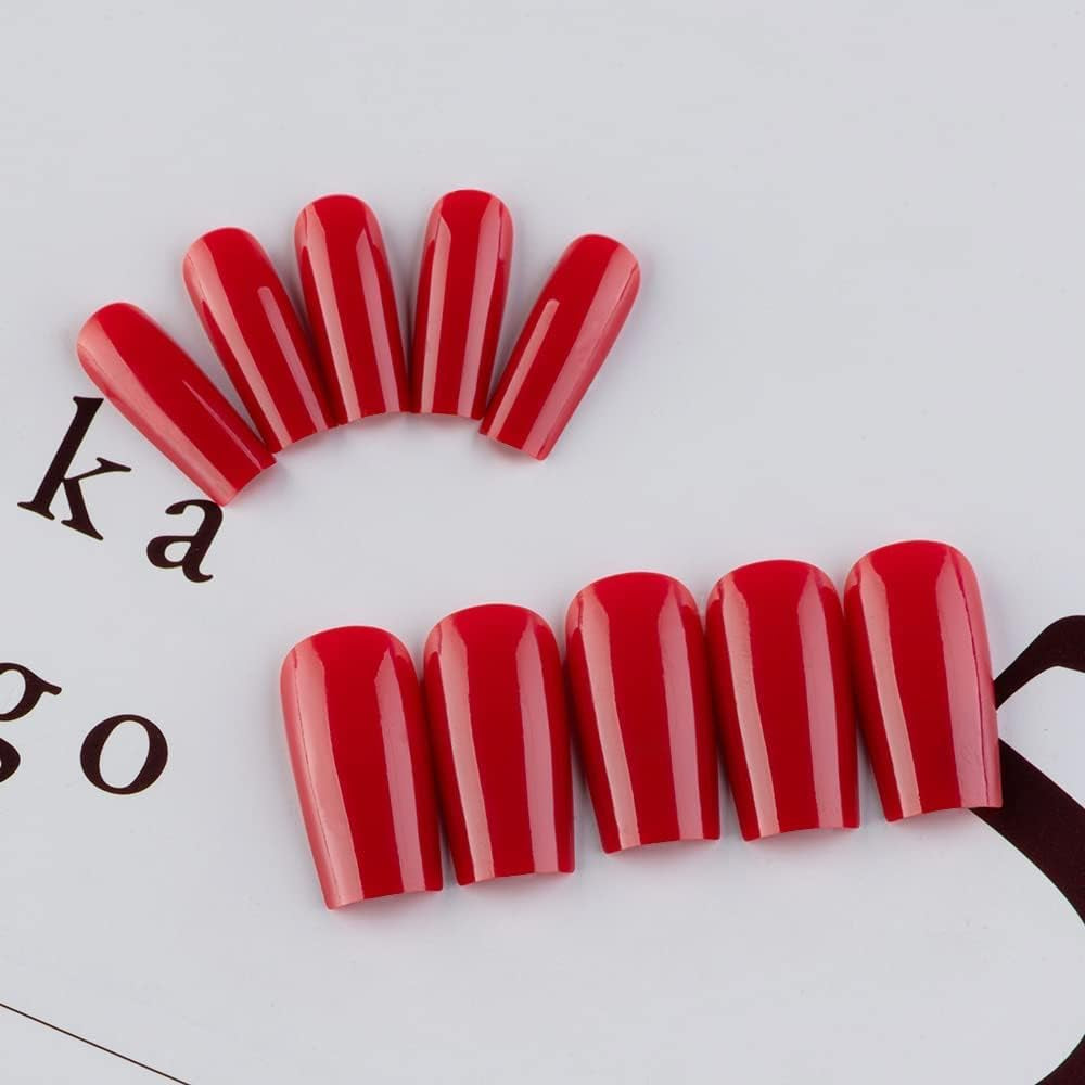 Red Press on Nails Medium Long Square,  Medium Coffin Nails Acrylic Nails Press Ons Glue on Nails Medium Length, Solid Color Fake Nails for Women Christmas Holiday Thick Artificial Nails