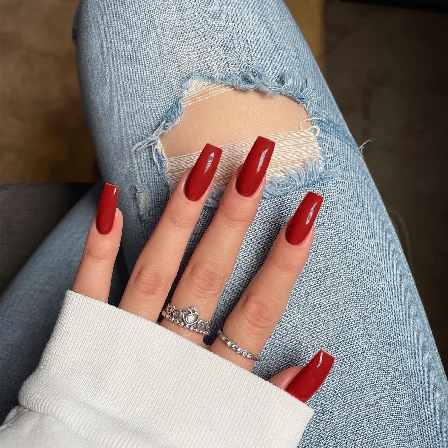 Red Press on Nails Medium Long Square,  Medium Coffin Nails Acrylic Nails Press Ons Glue on Nails Medium Length, Solid Color Fake Nails for Women Christmas Holiday Thick Artificial Nails